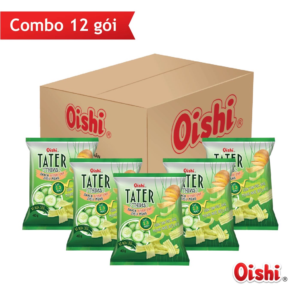 Combo 12 gói Oishi Snack Khoai Tây Siêu Mỏng Tater Thins Vị Dưa Leo (75g/gói)