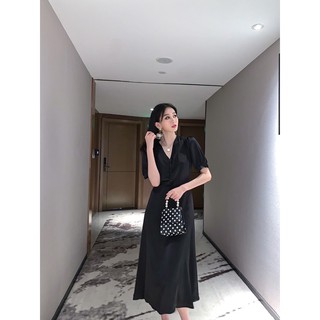 Đầm lụa cổ V phối cúc bọc B-A-M STORE (hàng may đẹp)