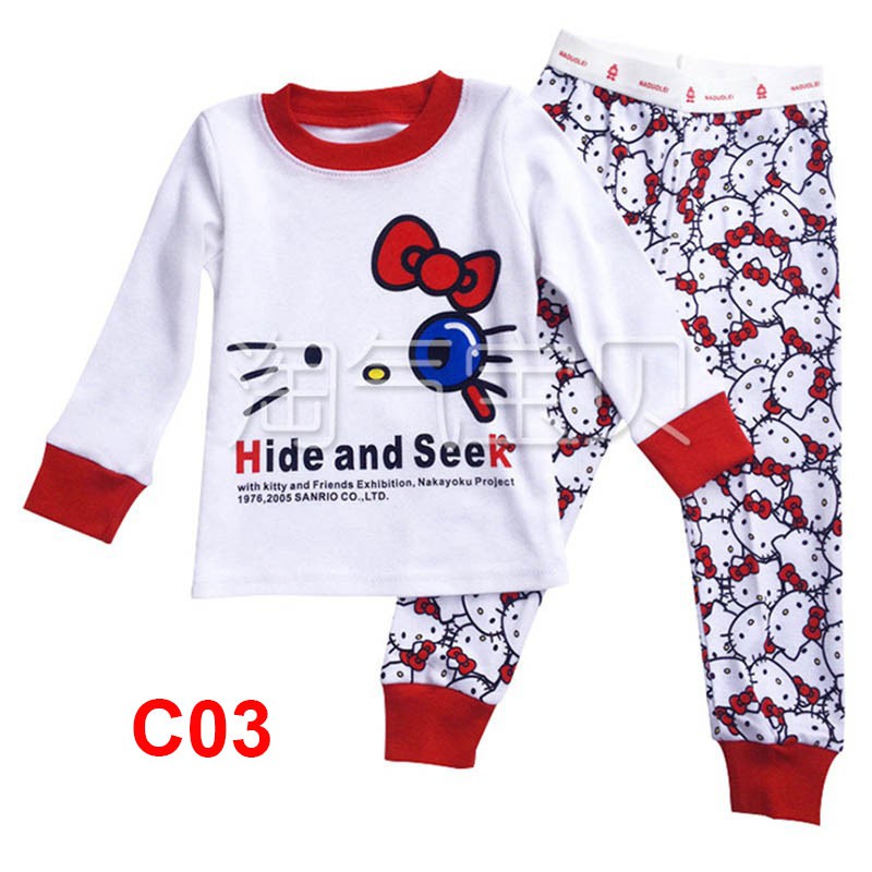 Bộ Đồ Ngủ 2 Món Áo Tay Dài + Quần Dài Vải Cotton In Hoạt Hình Hello Kitty Dễ Thương Cho Bé Gái
