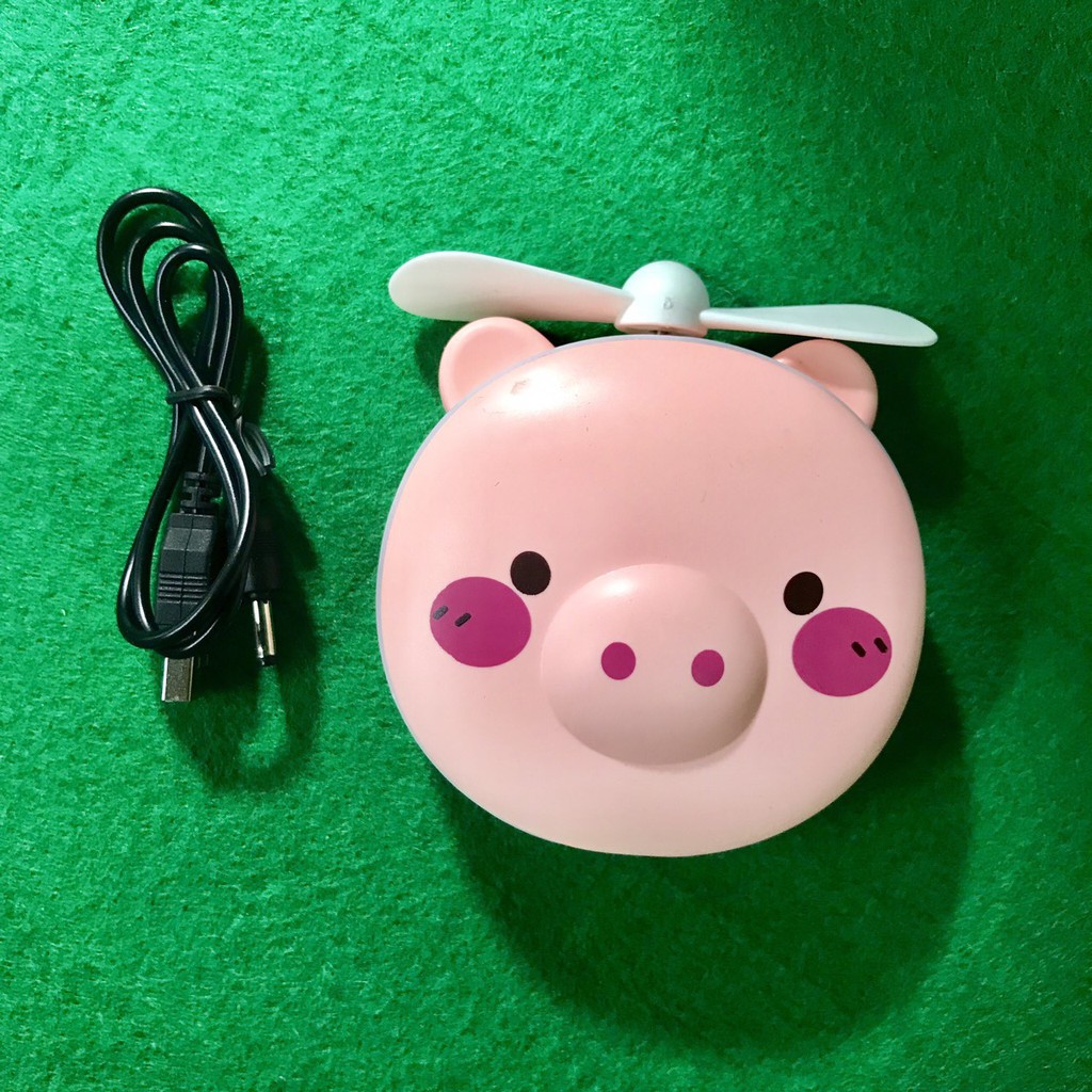 Quạt Hình Heo cute mini tích điện kèm gương soi + đèn sạc một lần dùng mãi mãi -Gía Sốc