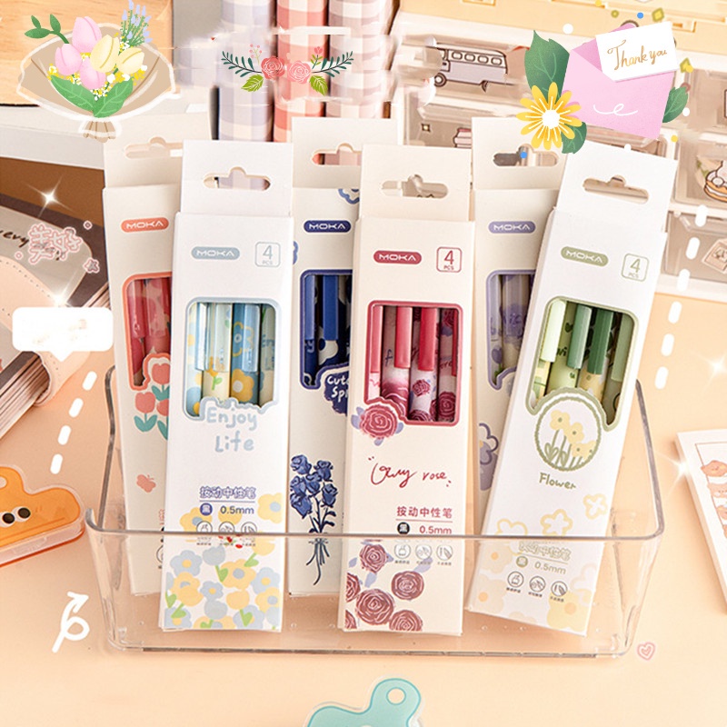 Set 4 Bút Mực Nước Ngòi 0.05mm Gắn Hình Bông Hoa Dễ Thương