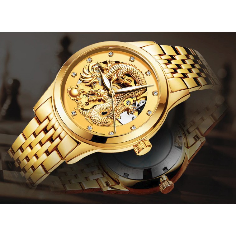 Đồng Hồ Cơ Nam nhãn hiệu MOHDNE Automatic Chạm Rồng 3D Lộ Máy Mạ Vàng Kim Loại Chống Nước Chống Xước
