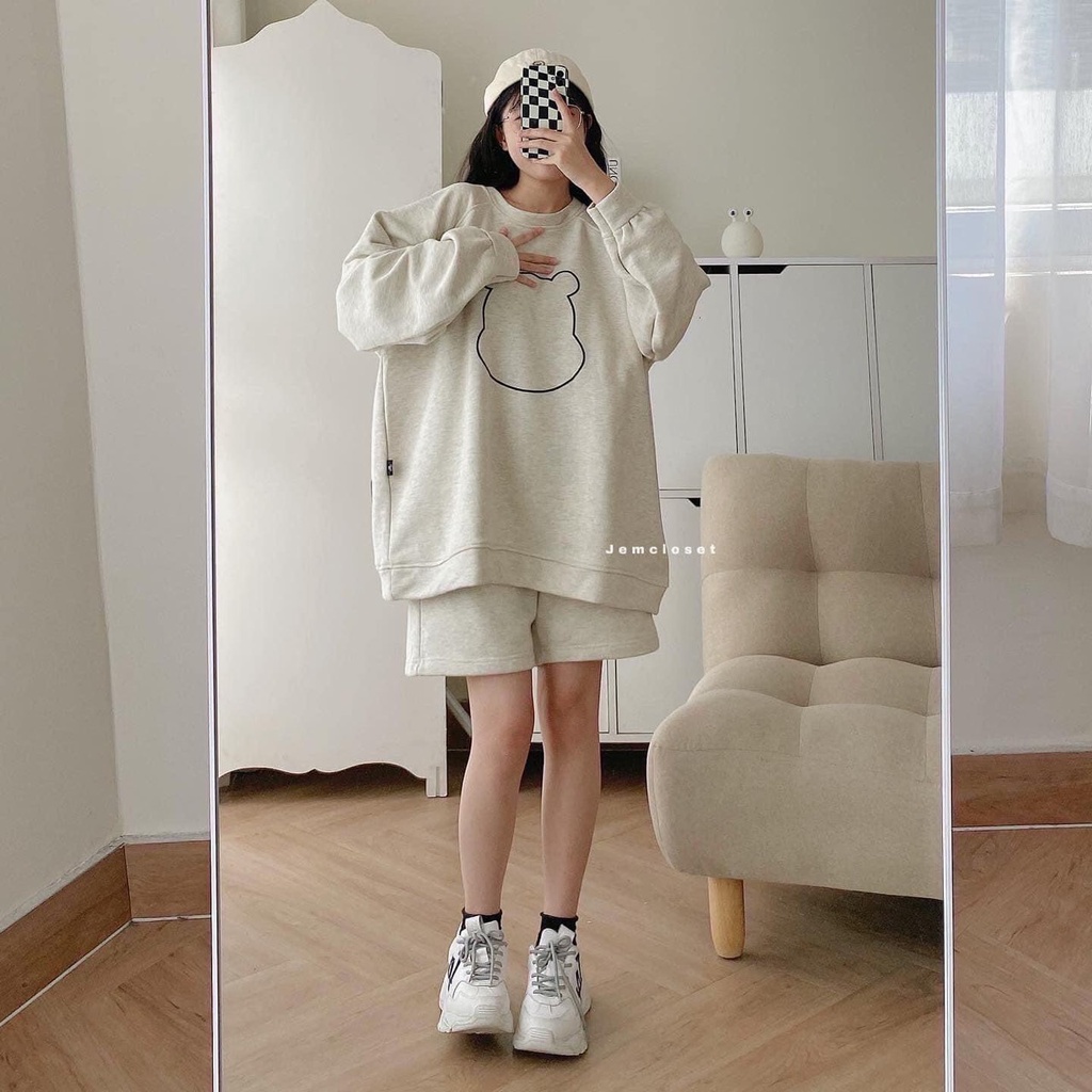 Bộ Nỉ Áo Sweater Kèm Quần Sort - Set Bộ Tay Phồng Form Rộng Phong Cách Hàn Quốc Hình Gấu