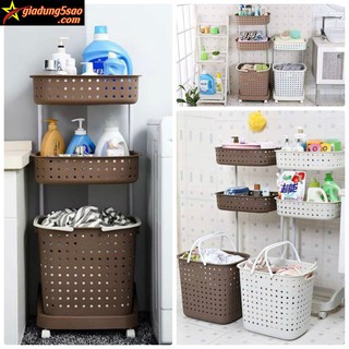 Kệ 3 tầng có bánh xe có giỏ để quần áo chờ giặt