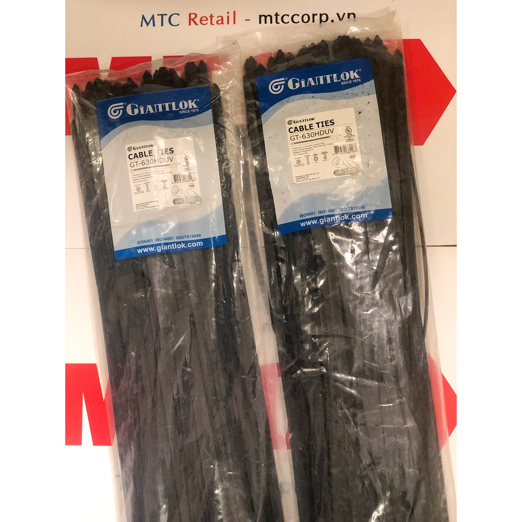 Túi 100 Dây thít, dây rút nhựa màu đen 630×9.0mm chống tia UV GT630HDBUV nhập khẩu Giantlok-Thái Lan