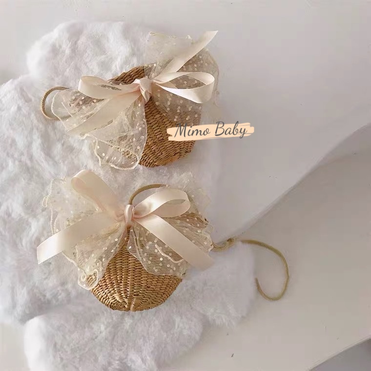 Túi cói đeo chéo đính nơ voan bản to siêu xinh cho mẹ và bé TC07 Mimo Baby