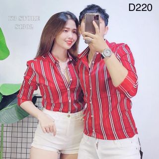 Áo sơ mi nam nữ đỏ sọc đứng trắng TM