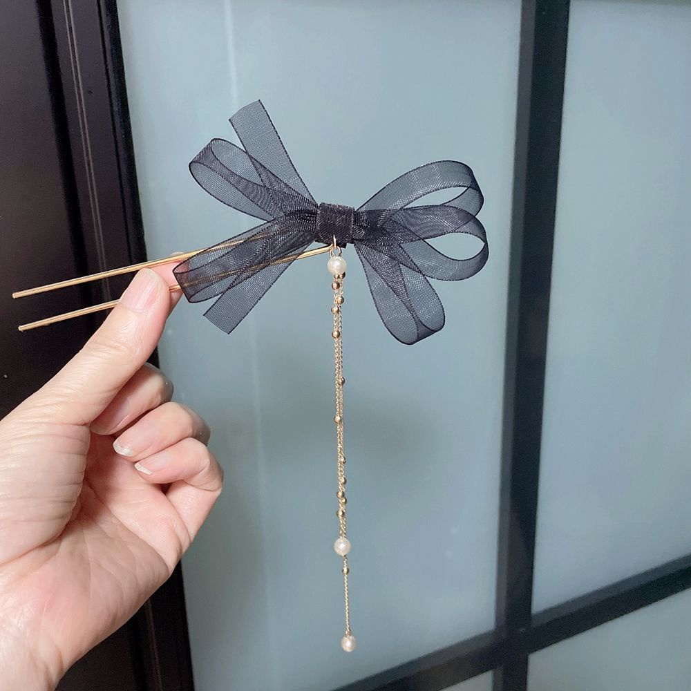 Trâm cài tóc hình chữ U hợp kim mặt nơ lưới đính tua rua ngọc trai nhân tạo phong cách Hàn Quốc vintage cổ điển cho nữ