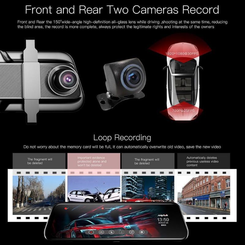 Camera hành trình gương xe ô tô 10 inch cảm ứng Full HD 2 camera trước và sau xe