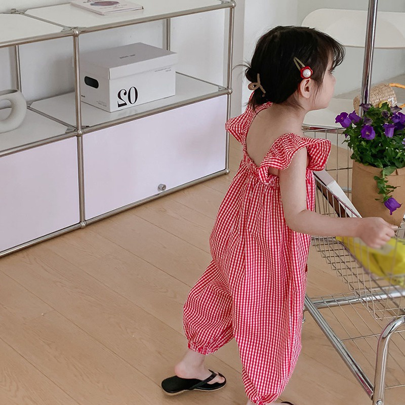 Jumpsuit Tay Cánh Tiên Họa Tiết Ca Rô Phong Cách Hàn Quốc Dành Cho Bé Gái