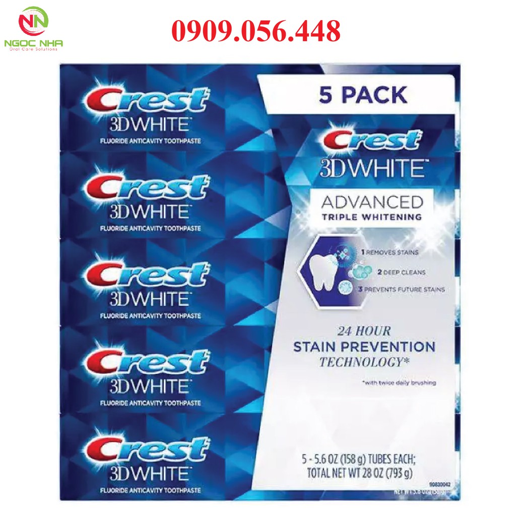 Kem đánh răng Crest 3D WHITE ADVANCED TRIPLE WHITENING 158G- Trắng răng gấp 3 lần, có flour ngăn ngừa sâu răng