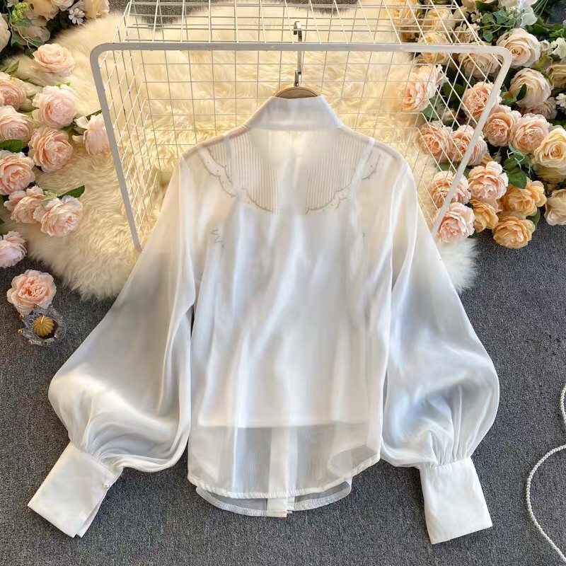 [HÀNG ORDER] Áo sơ mi voan organza tay dài bồng thêu hoa Quảng Châu