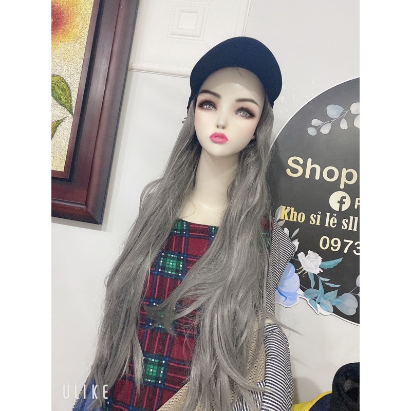 tóc giả gắn mũ kết đen xoăn dài