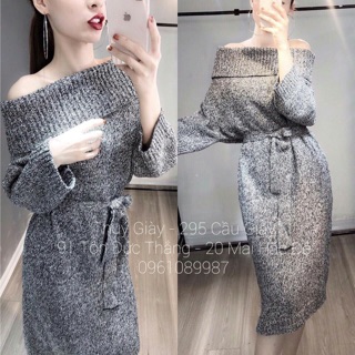 Đầm suông lệch vai len kèm belt cao cấp giá sỉ,kèm ảnh thật-annalee18