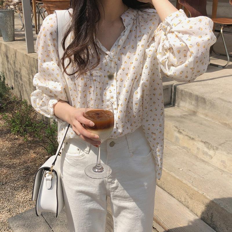 Áo Voan Dài Tay In Hoa Xinh Xắn Theo Phong Cách Hàn Quốc