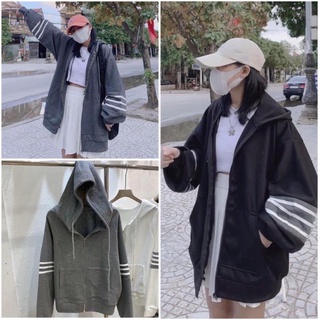 Áo khoác nỉ nữ phối tay kẻ ngang 3 sọc - Hoodie form rộng tay bồng, hoodie zip kiểu dáng vintage màu trắng, đen HOT