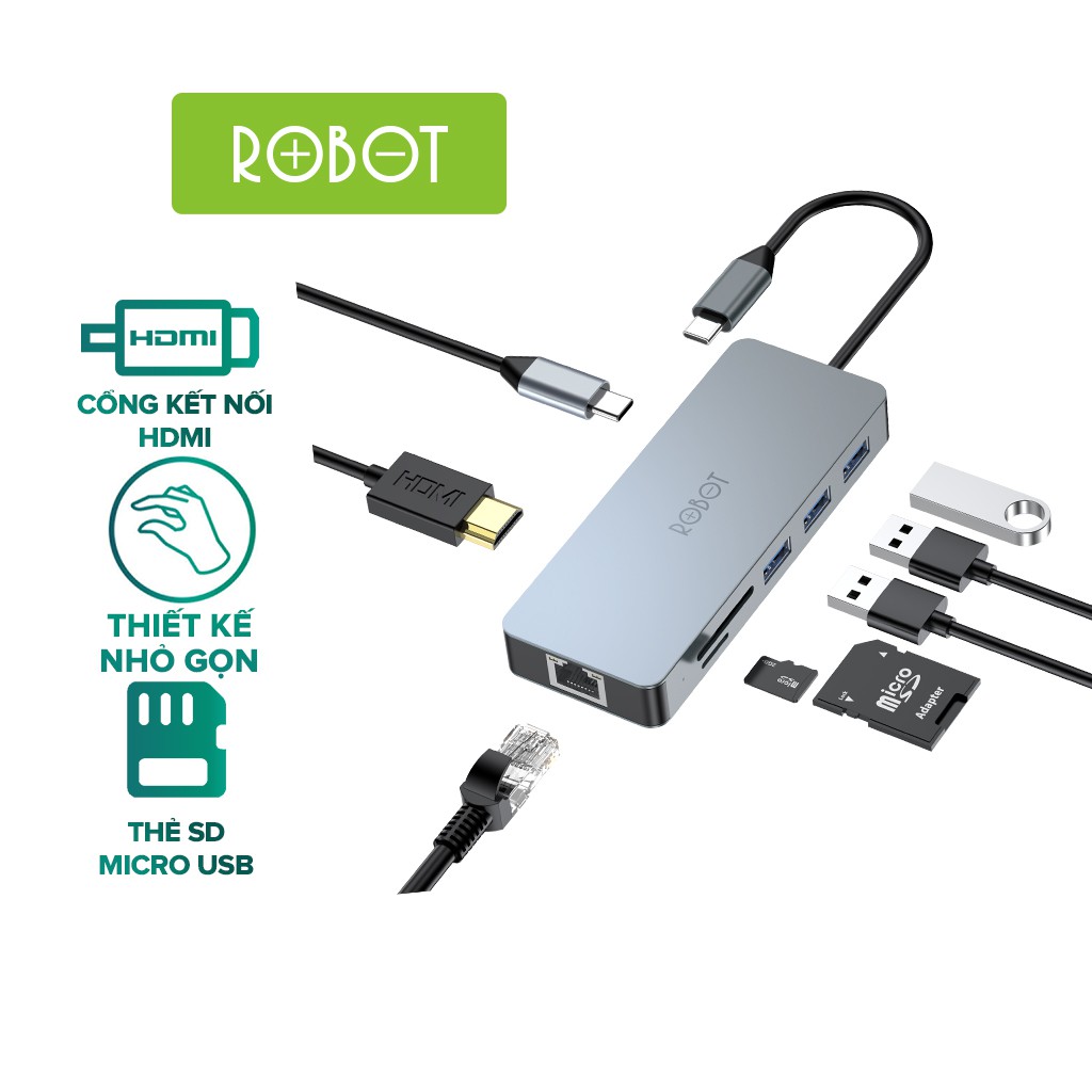 HUB USB-C Chuyển Đổi Đa Năng ROBOT HT380 8 In 1 Nhỏ Gọn HDMI PD SD TF PD Cho Macbook Matebook Hàng Chính Hãng