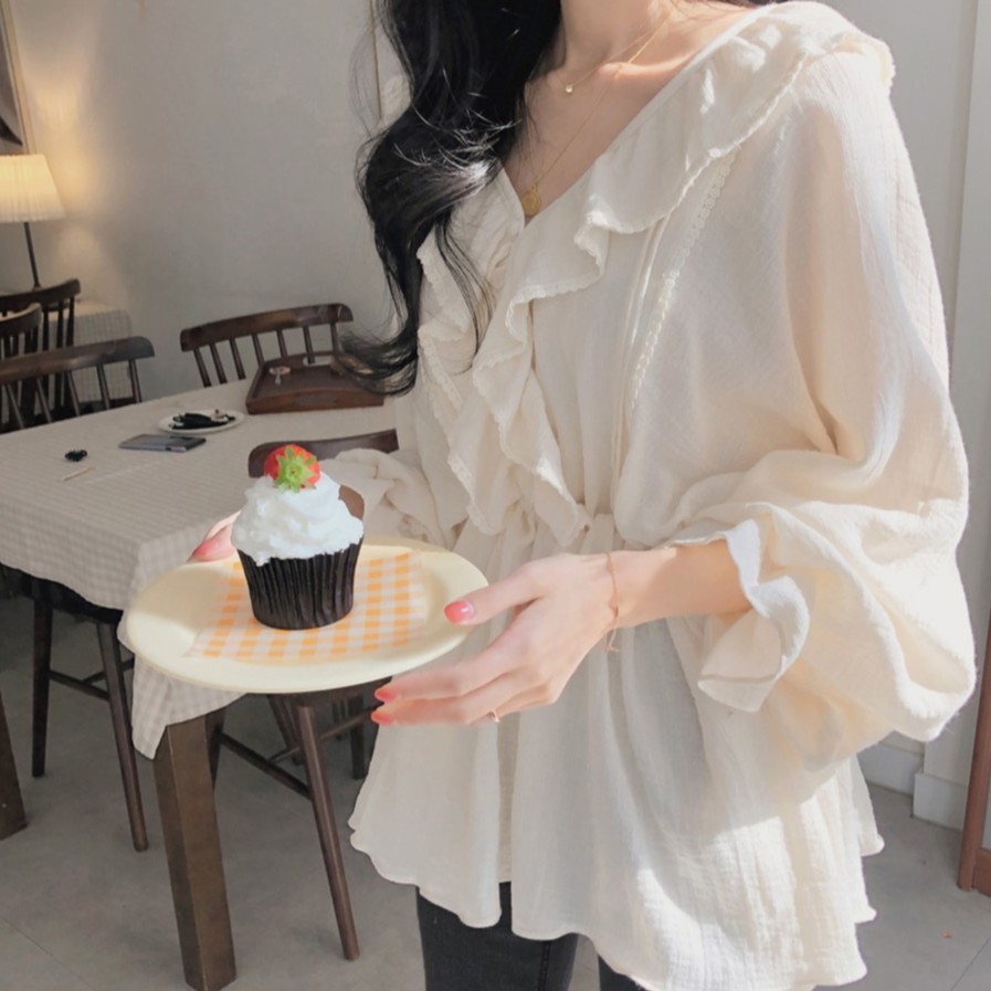 Áo Kiểu Tay Dài Phối Bèo Thiết Kế Cổ Chữ V Thanh Lịch 27395