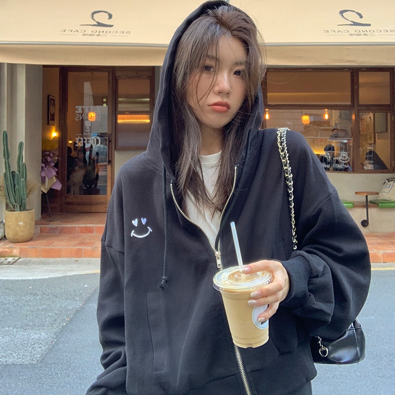 Áo khoác hoodie thể thao SUXI tay dài dáng rộng thêu họa tiết xinh xắn dễ phối đồ thời trang xuân thu cho nữ