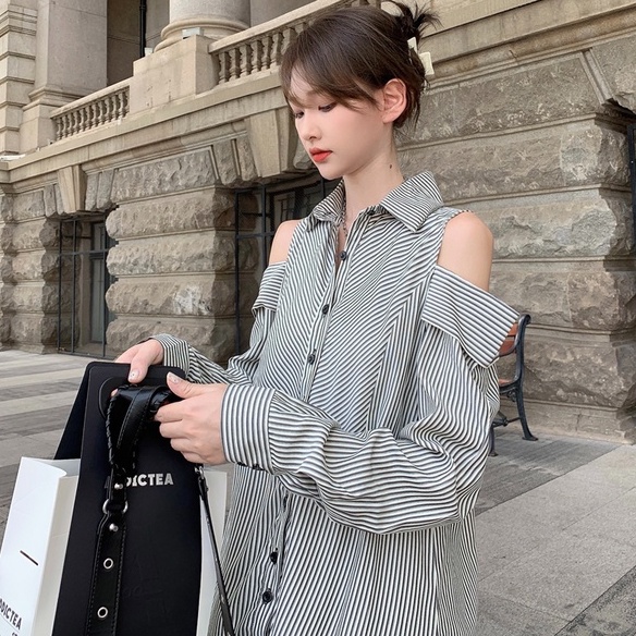 ZHELIHANGFEI Áo Sơ Mi Dài Tay Trễ Vai Họa Tiết Sọc Thời Trang Dành Cho Nữ