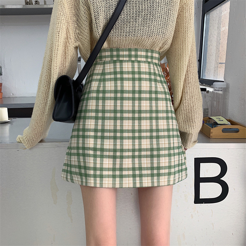 SUXI Chân váy chữ a lưng cao họa tiết sọc caro phong cách retro thời trang cho nữ