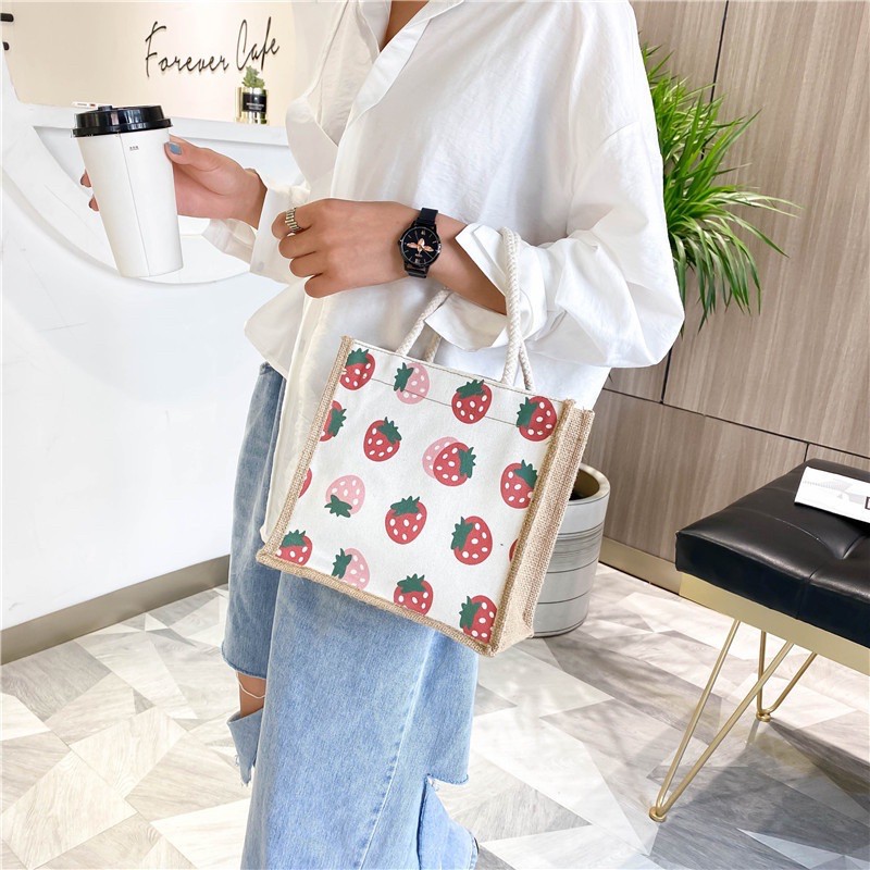 Túi Tote Cói Vải Bố Canvas Hot trend 2021 Có Khoá Đựng Đồ Hoạ Tiết Dễ Thương TOPBRA