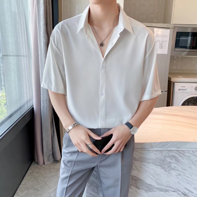 Áo Sơ Mi Tay Ngắn Dáng Rộng Màu Trơn Phong Cách Hàn Quốc Thời Trang Mùa Hè Cho Nam Giới Có 4 Màu Size M-2XL