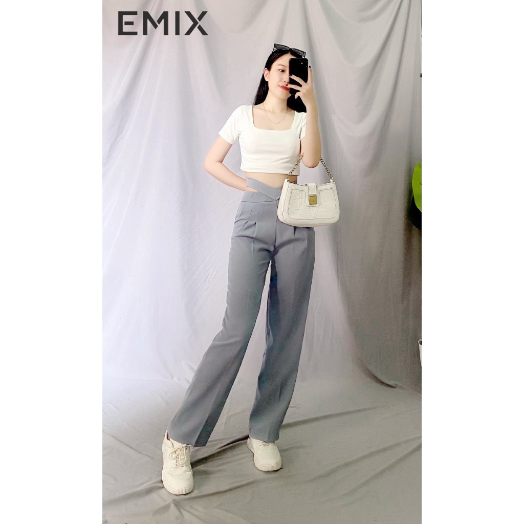 Quần tây nữ ống sớ kiểu mới cạp dây EMIX (2 màu), dáng dài, form rộng, cạp cao, vải tuyết mưa, mềm mịn, không bai xù