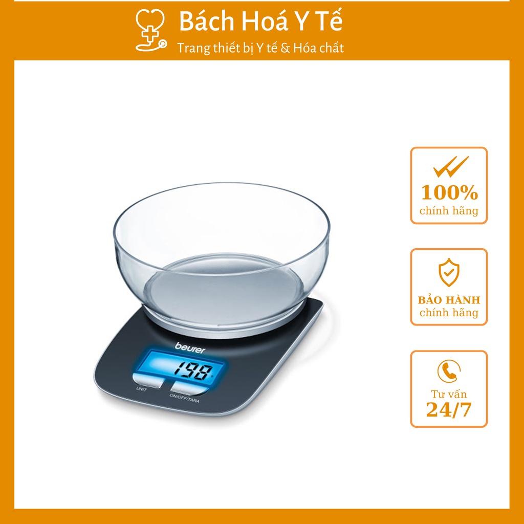 Cân Nhà Bếp Beurer KS25 - Kính Chịu Lực, LCD Backlight, Tự Ngắt Điện, 3000g/1g, Đen