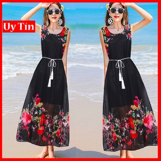 Đầm maxi voan hoa kèm dây thắt lưng DX09 MÀU ĐEN - Đầm suông maxi đi biển, đi dạo phố