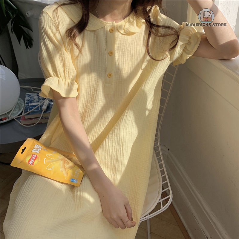 Đầm ngủ tay ngắn cổ búp bê chất liệu cotton phong cách Hàn Quốc thời trang cho nữ