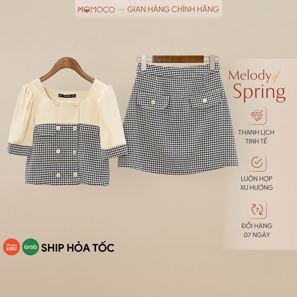Set Váy Áo Nữ MOMOCO phối màu cổ U họa tiết kẻ én chất liệu tuýt si cao cấp thanh lịch M2890