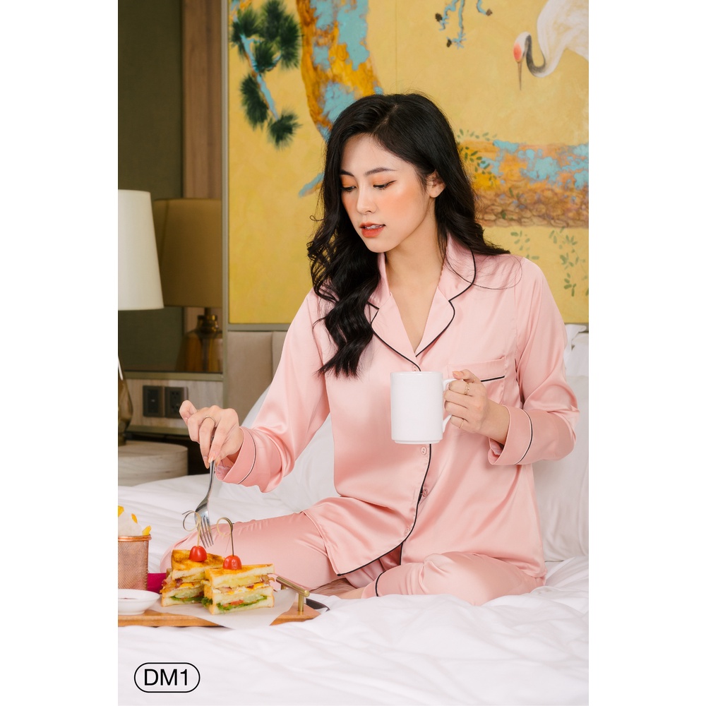 Bộ ngủ Pyjamas satin ZAM Luxury - DM - Áo dài tay quần dài màu trơn