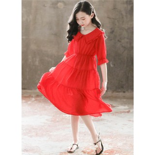 (size đại)Đầm maxi lỡ cổ sen nhúm bèo tơ đũi D0026-đỏ cho bé gái 3-13T hàng QC cao cấp