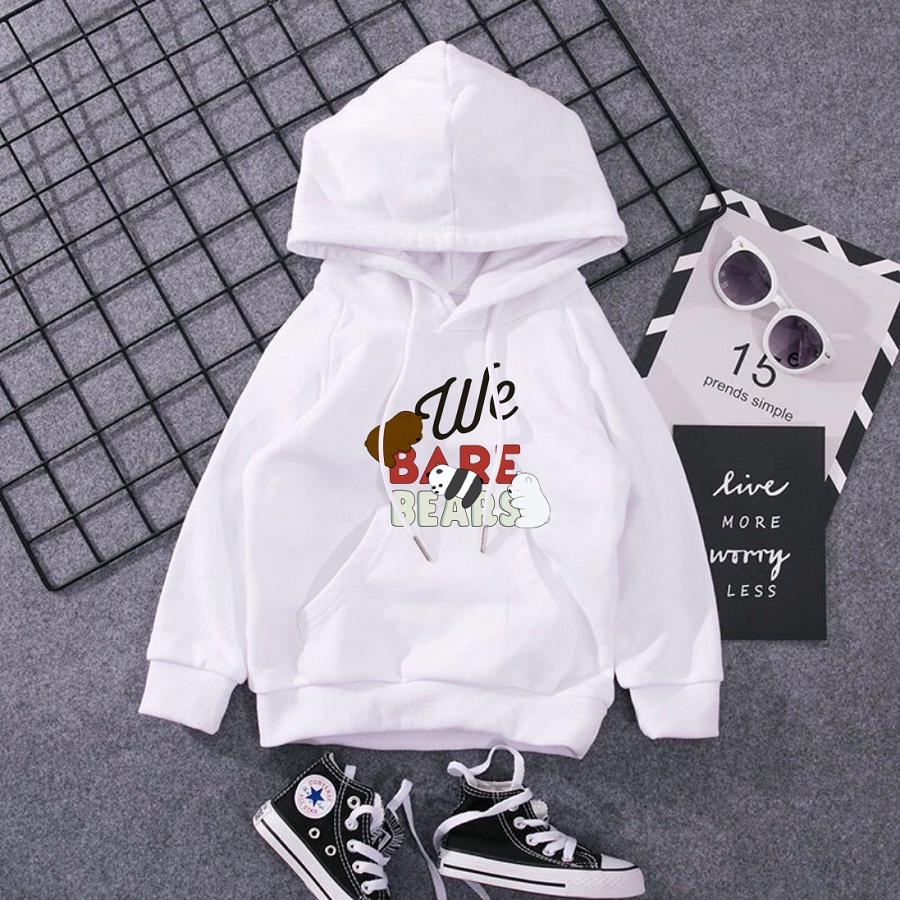 Áo khoác nỉ hoodie we bare bears màu trắng 3 chú gấu đủ size cho bé trai bé gái
