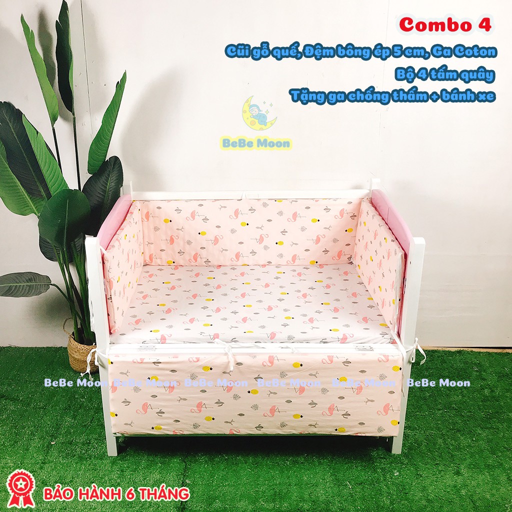 [Combo] Cũi Trắng Hồng Cho Bé Gái Chất Liệu Gỗ Quế [120x80x85] BH 6 Tháng