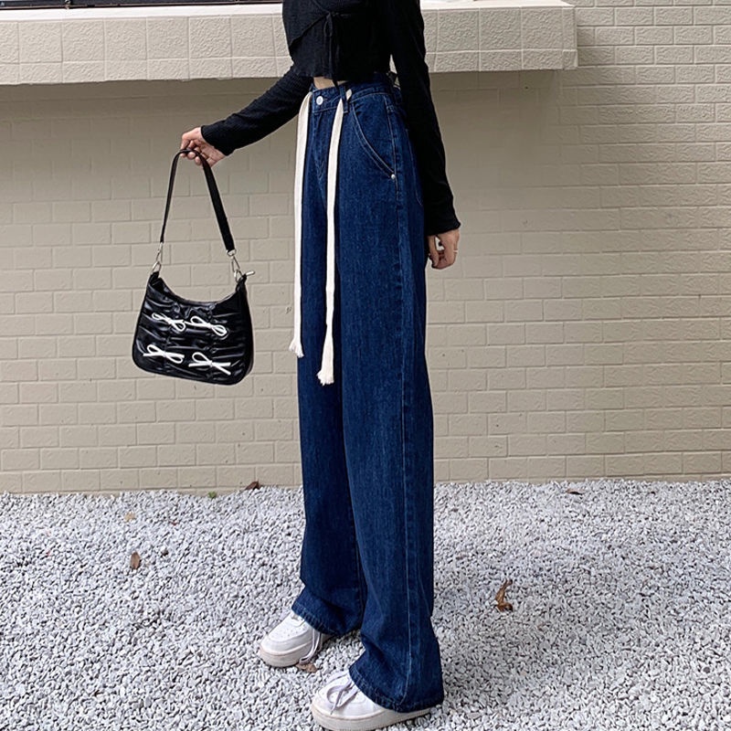 Quần jean lưng cao ống rộng thiết kế dây rút thời trang thu đông hàng mới dành cho nữ