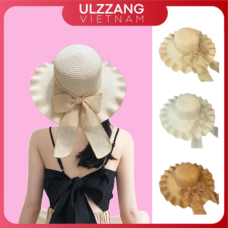 Mũ cói đi biển nữ vành rộng chống nắng, nón cói nơ xinh thời trang Hàn Quốc rẻ đẹp_MC5