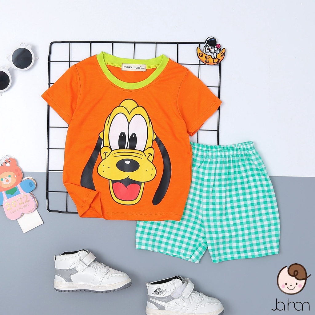 Bộ Quần Áo Bé Gái, Bé Trai Minky Mom Vải Thun Lạnh Hoạ Tiết Hoạt Hình Quần Caro,Bộ Cộc Tay Cho Bé Mặc Nhà MKM2241