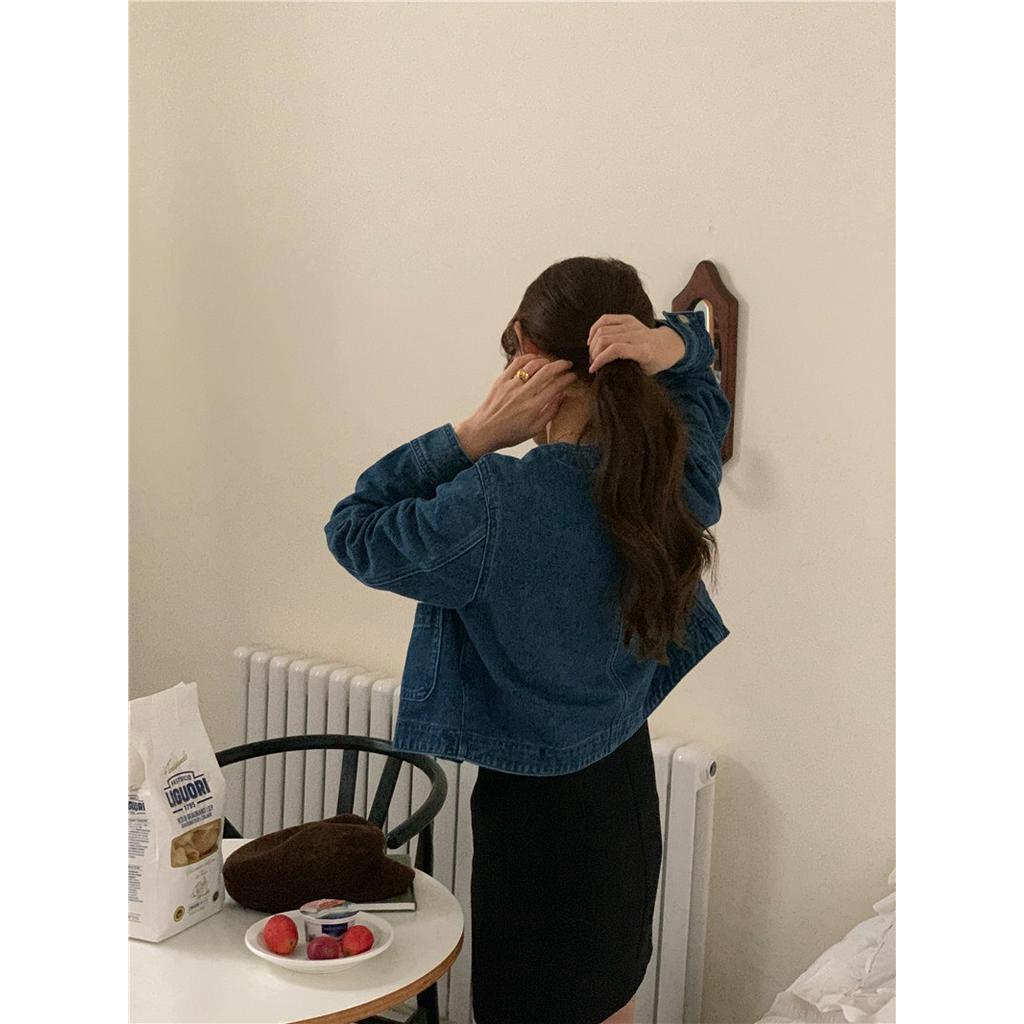 Áo Khoác Denim Tay Dài Cổ Tròn Phong Cách Retro Đơn Giản 60932