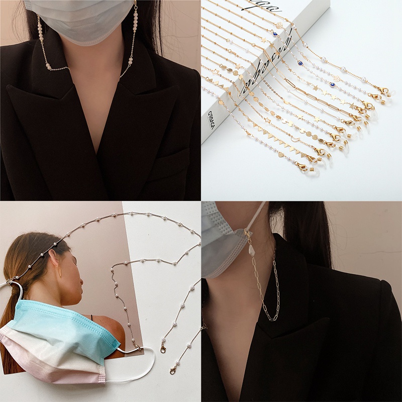 Dây Đeo Giữ Mắt Kính Chống Thất Lạc Màu Vàng Đồng Đính Ngọc Trai Thời Trang