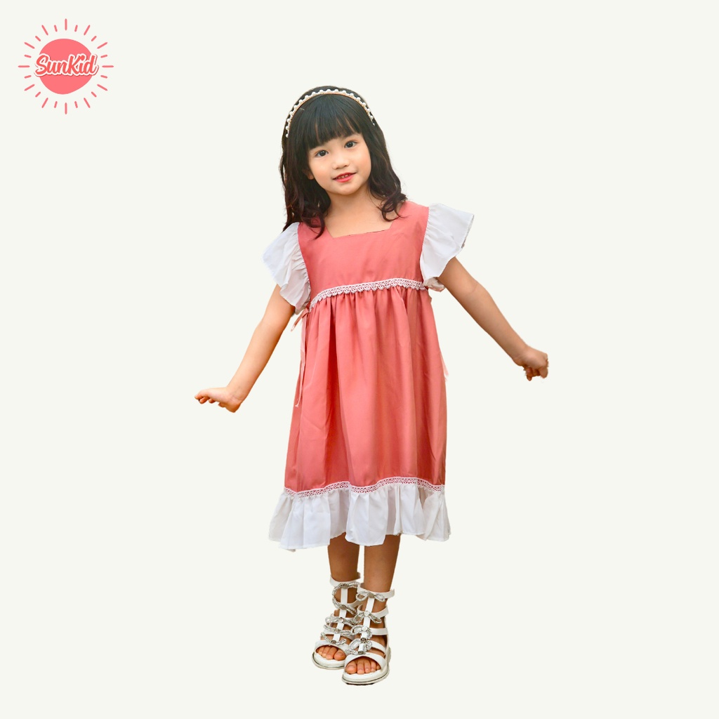 Váy bé gái dáng suông tay bèo trắng vải trượt nhật cao cấp mùa hè Sunkid SN10 màu hồng size trẻ em 4-12 tuổi