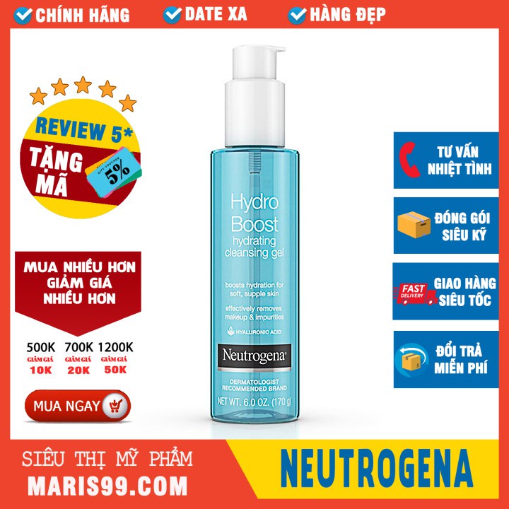 Sữa Rửa Mặt Neutrogena cho da khô, hỗ trợ giữ ẩm, cấp nước Hydro Boost Hydrating Cleansing Gel (170g)