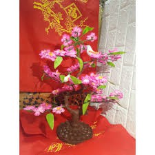 Cây đào trưng tết bằng vải - có cặp chim nhỏ dưới chân - cao 50cm