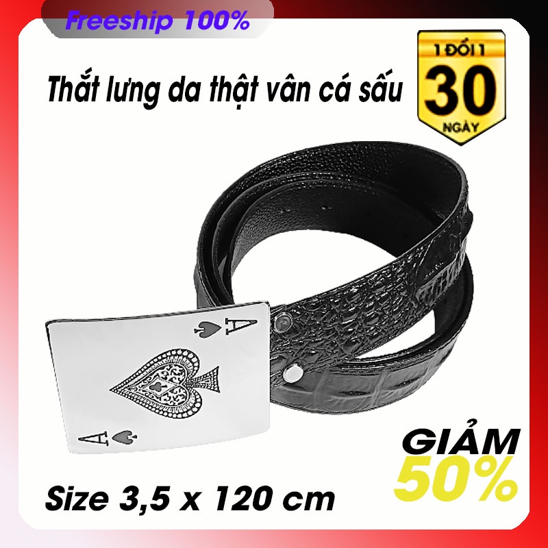 Thắt lưng nam dây da thật vân cá sấu - khóa kim loại bóng hình ách bích - độc lạ có video sản phẩm.