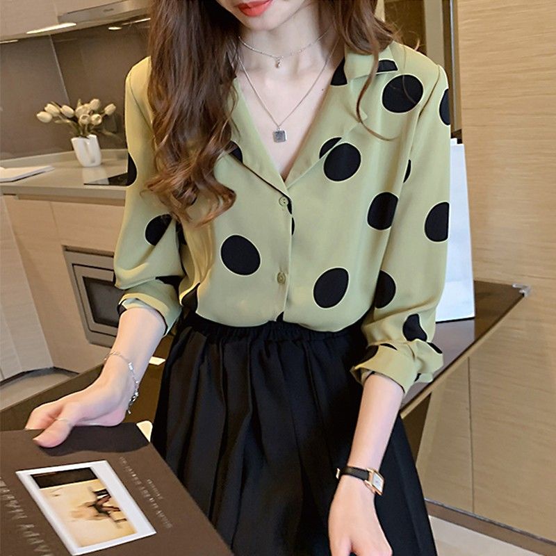Áo Sơ Mi Chiffon Cổ Chữ V Dáng Rộng Họa Tiết Chấm Bi Phong Cách Hàn Quốc Thời Trang Mùa