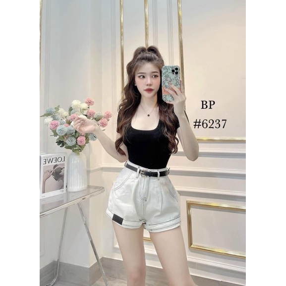 QUẦN SHORT BÒ KÈM ĐAI GẤP GẤU ỐNG RỘNG CẠP CAO QUẢNG CHÂU MS25661