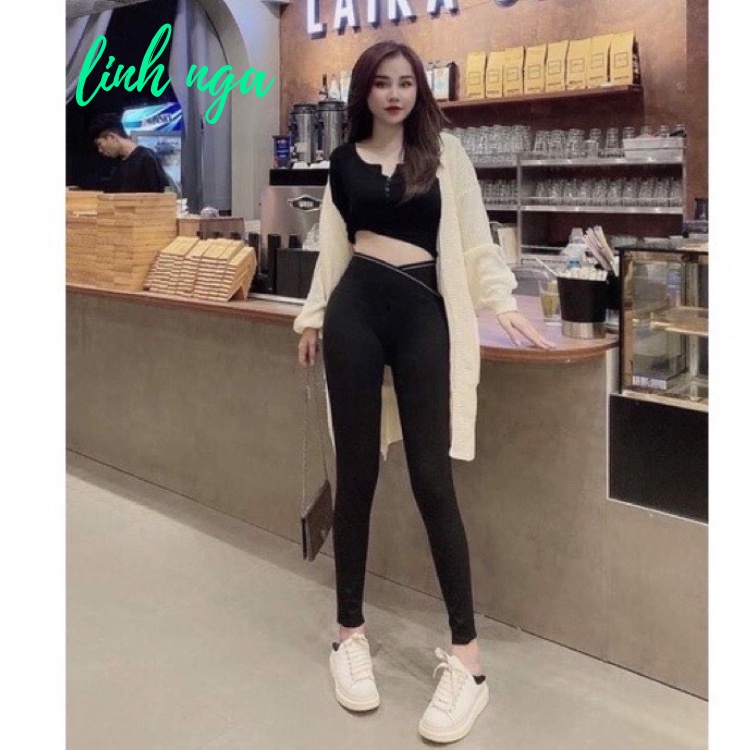 Quần legging nữ cạp cao viền sọc kẻ trắng vạt chéo gen bụng nâng mông, Quần tregging dài vải co giãn tập thể thao