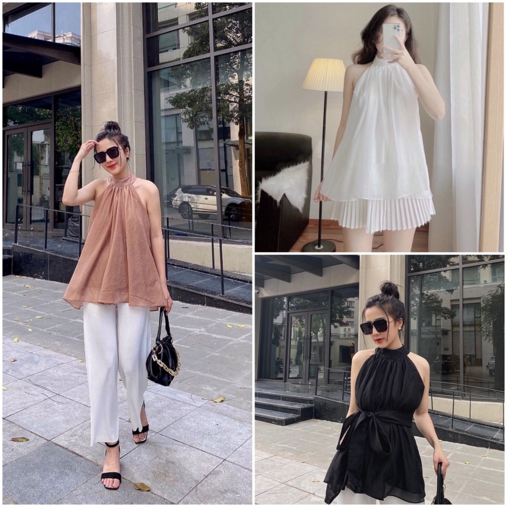 Áo kiểu nữ cổ yếm hở vai 2 lớp kèm dây đai, áo babydoll bánh bèo cute