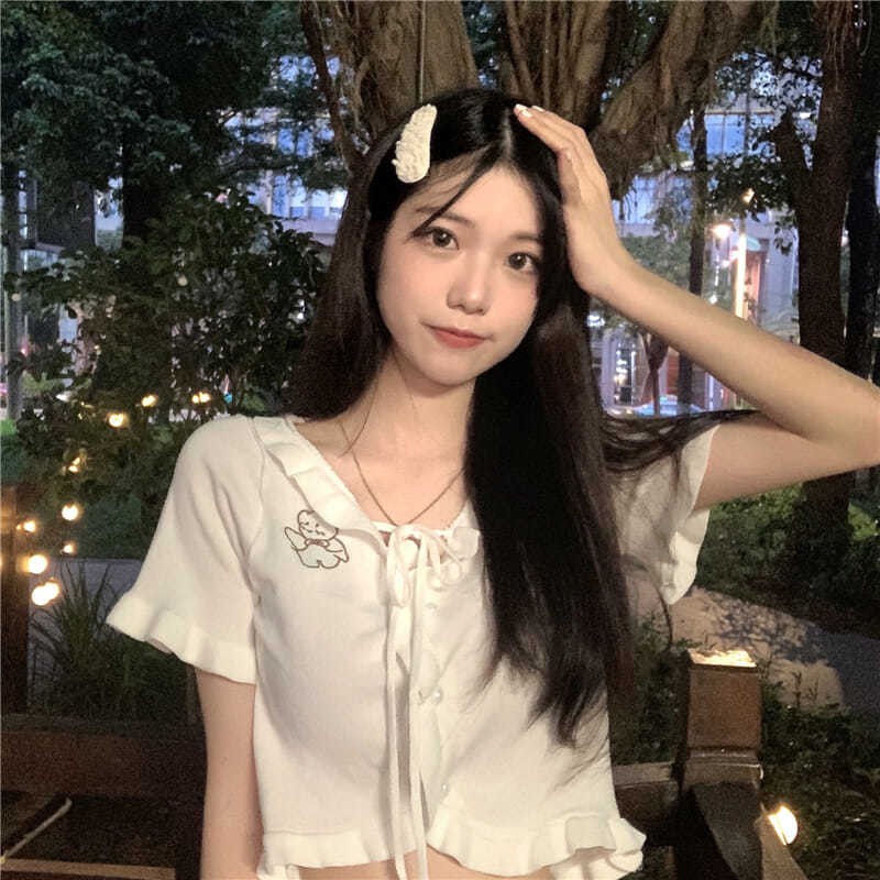 Áo croptop dệt kim thiết kế tay ngắn gợi cảm